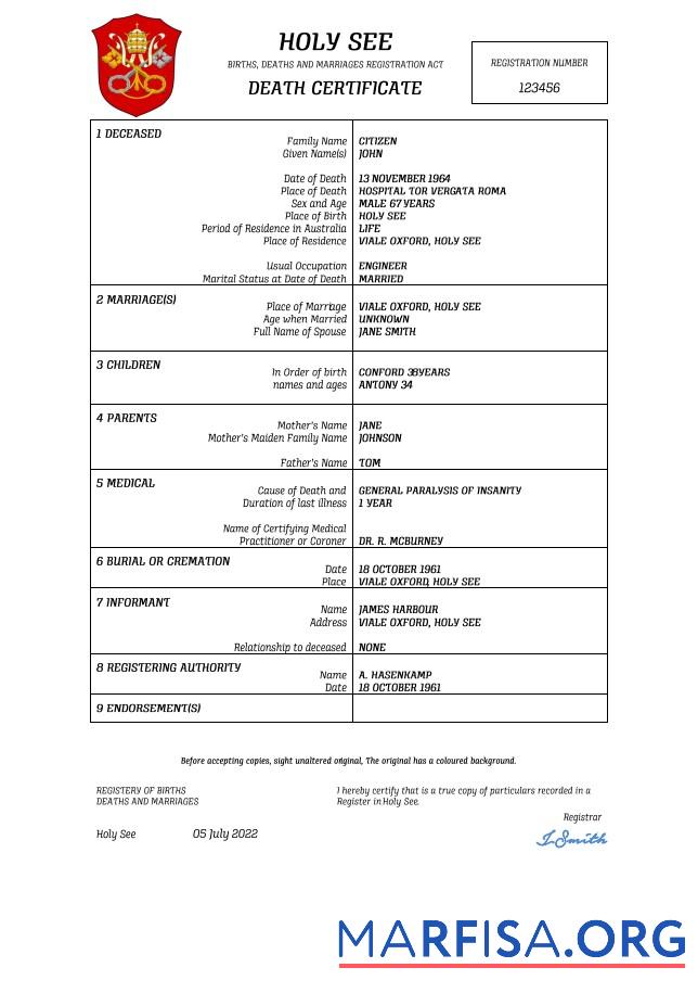 Downloadable Holy See vital record death certificate Word and PDF template